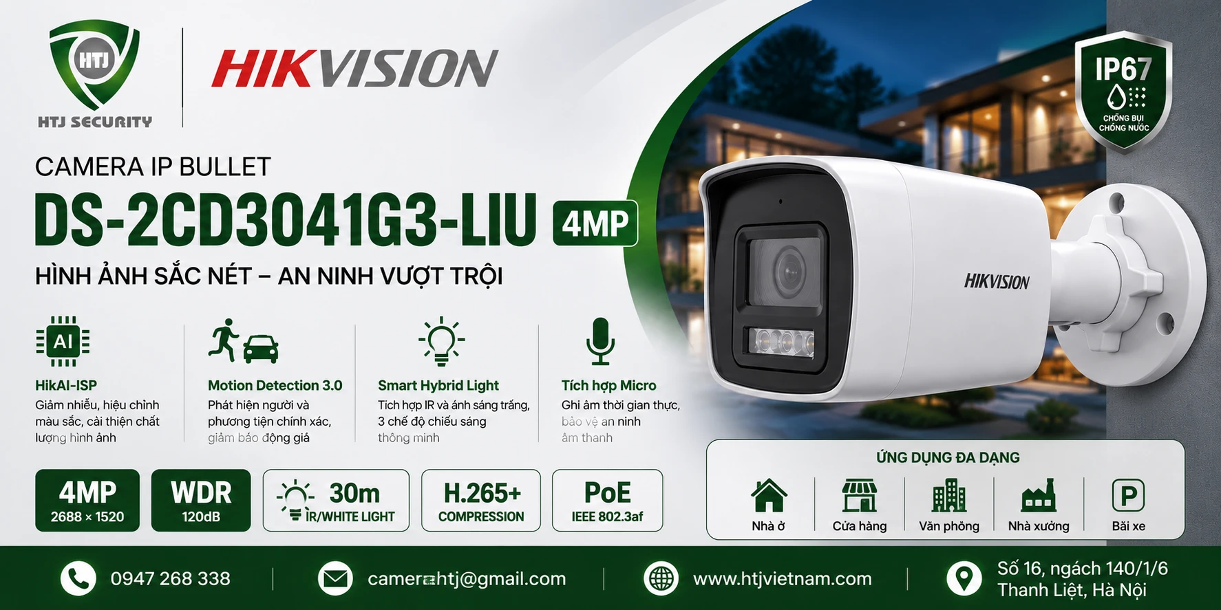 Camera IP Hikvision DS-2CD3041G3-LIU 4MP Smart Hybrid Light Có Mic Camera IP Bullet 4MP Hikvision DS-2CD3041G3-LIU