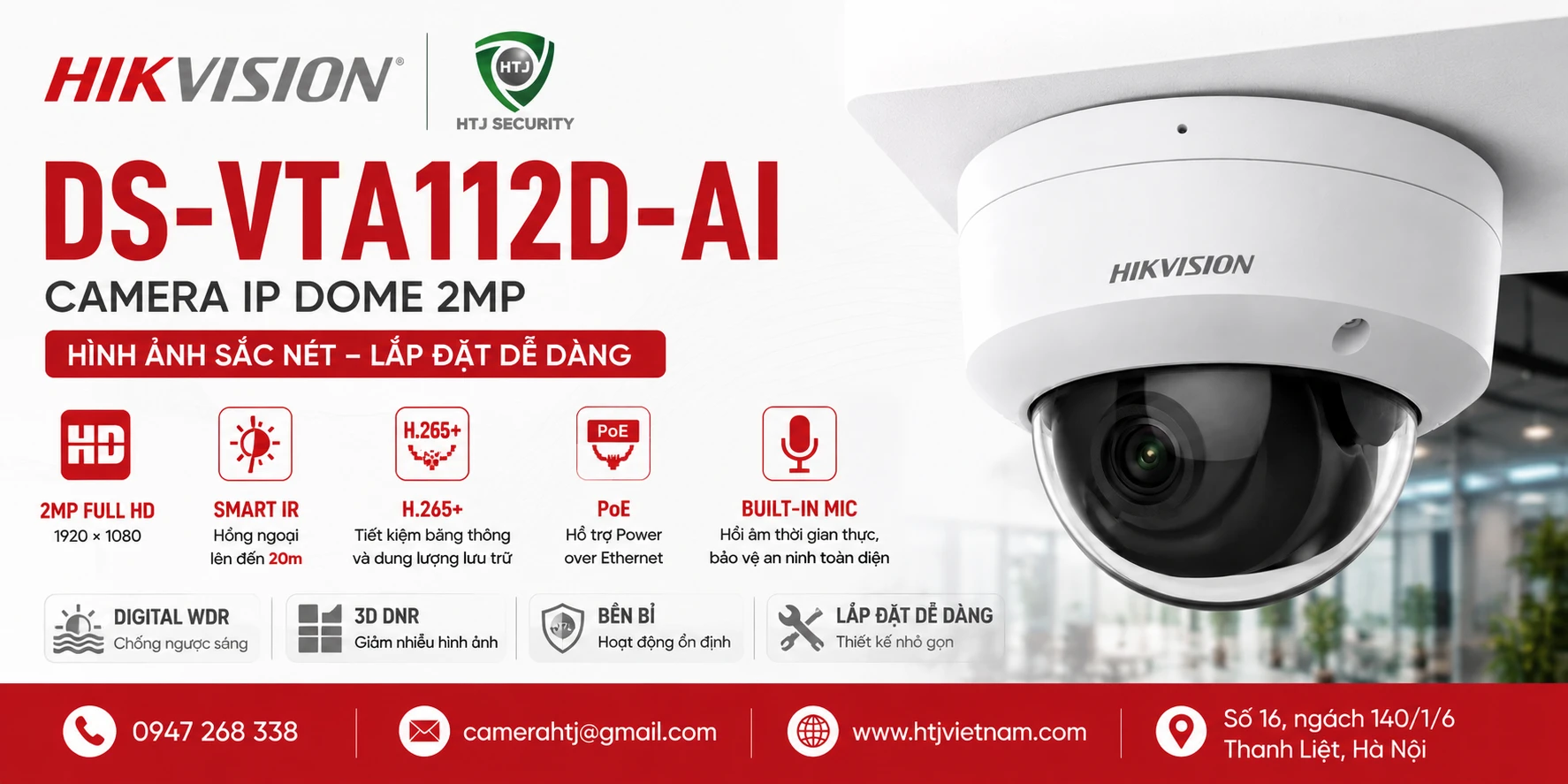 Camera IP Dome 2MP Hikvision DS-VTA112D-AI