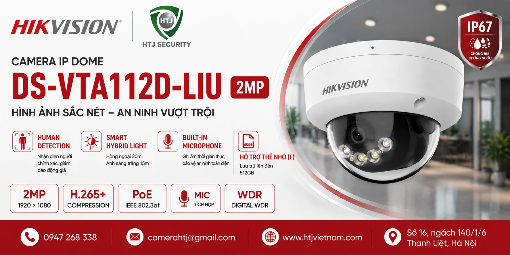Camera IP Dome 2MP Hikvision DS-VTA112D-LIU