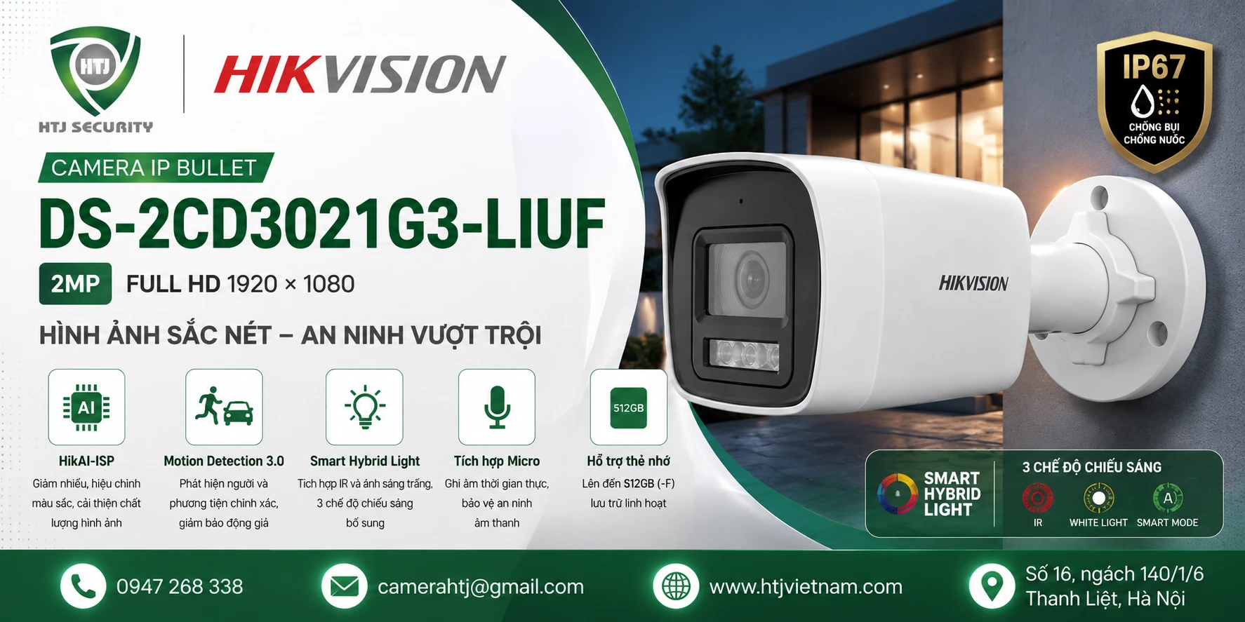 Camera IP Bullet 2MP Hikvision DS-2CD3021G3-LIUF