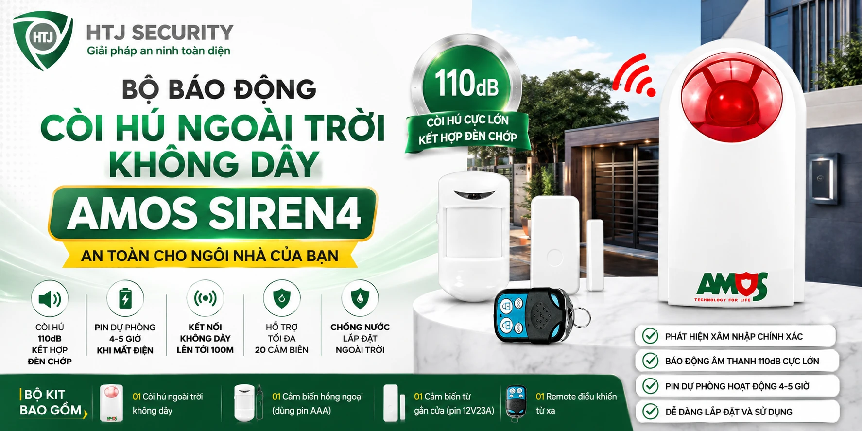 Bộ báo động còi hú ngoài trời không dây AMOS SIREN4
