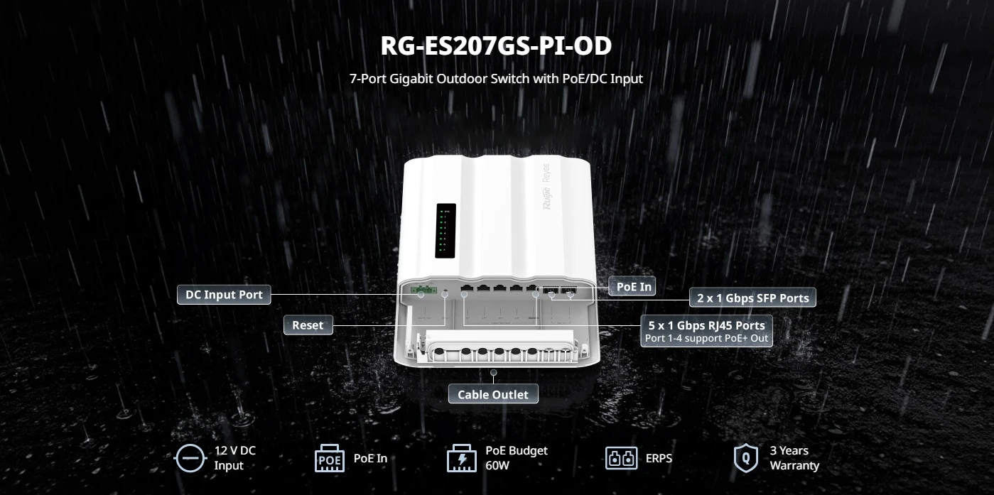 Switch ngoài trời Ruijie RG-ES207GS-PI-OD – 4 PoE, 2 SFP, cấp nguồn DC/PoE