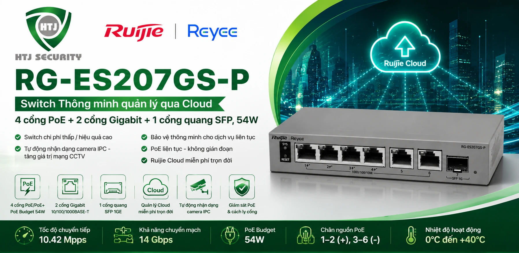 Switch 4 cổng PoE Ruijie RG-ES207GS-P