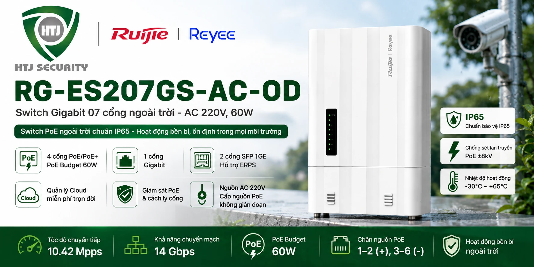 Switch ngoài trời Ruijie RG-ES207GS-AC-OD – 4 cổng PoE, 2 SFP, IP65