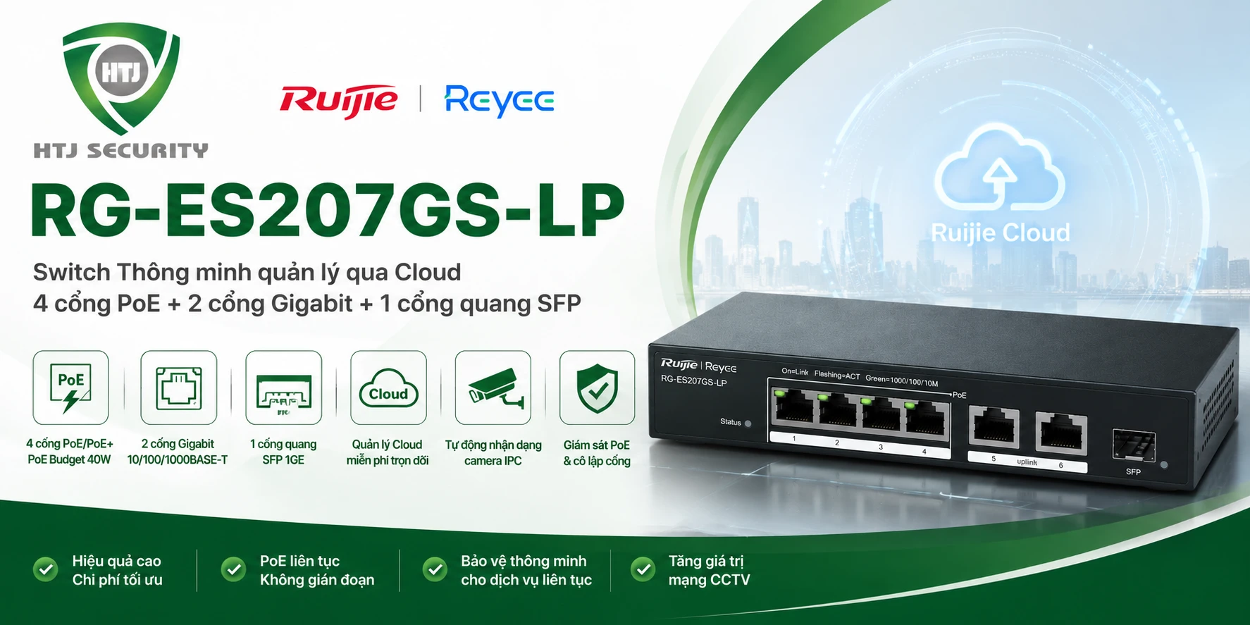 Switch 4 cổng PoE Ruijie RG-ES207GS-LP