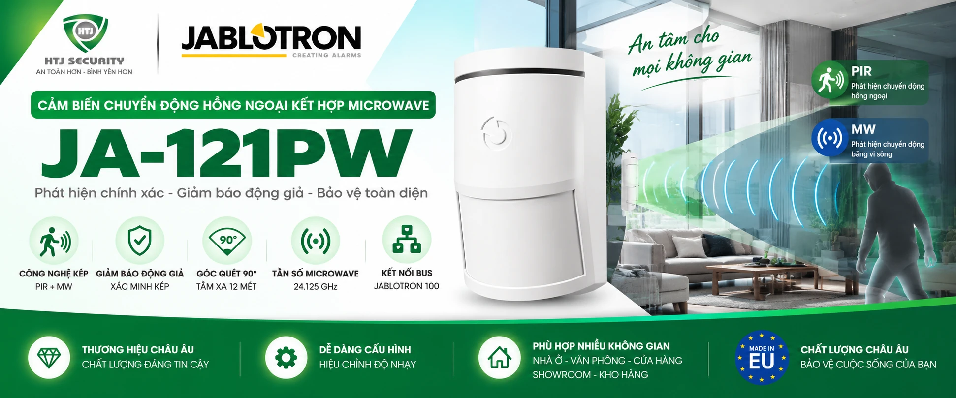 Cảm biến chuyển động Jablotron JA-121PW – Công nghệ kép PIR + Microwave 24.125GHz