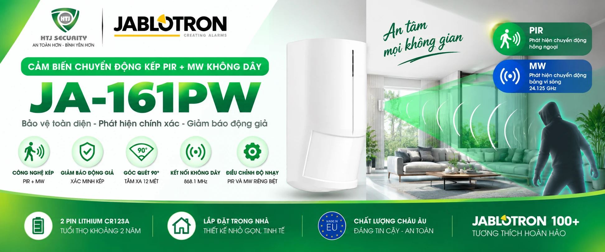 Cảm biến chuyển động kép Jablotron JA-161PW – Công nghệ PIR + MW không dây