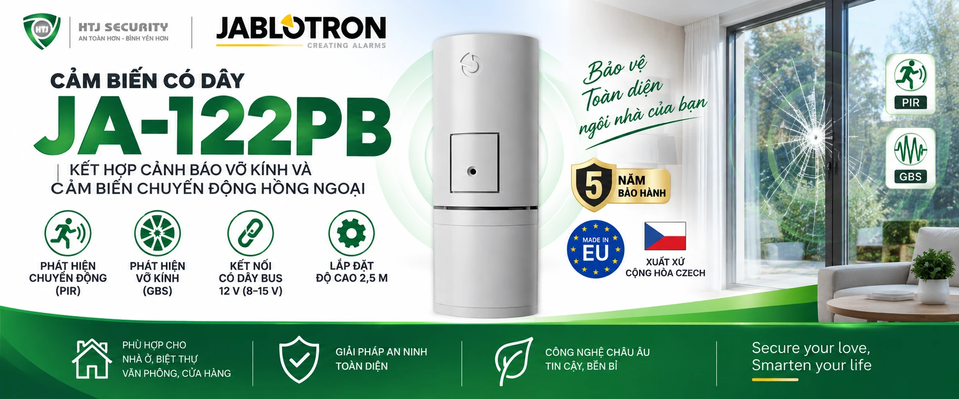 Cảm biến có dây Jablotron JA-122PB – kết hợp hồng ngoại và vỡ kính