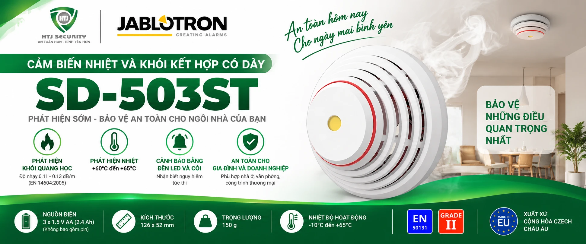 Cảm biến có dây Jablotron SD-503ST – tích hợp đầu dò khói quang và cảm biến nhiệt