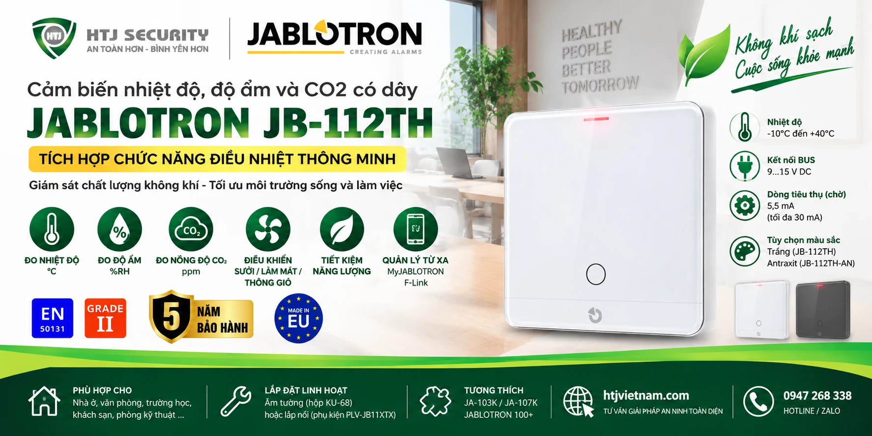 Cảm biến Jablotron JB-112TH – tích hợp đo nhiệt độ, độ ẩm và CO2