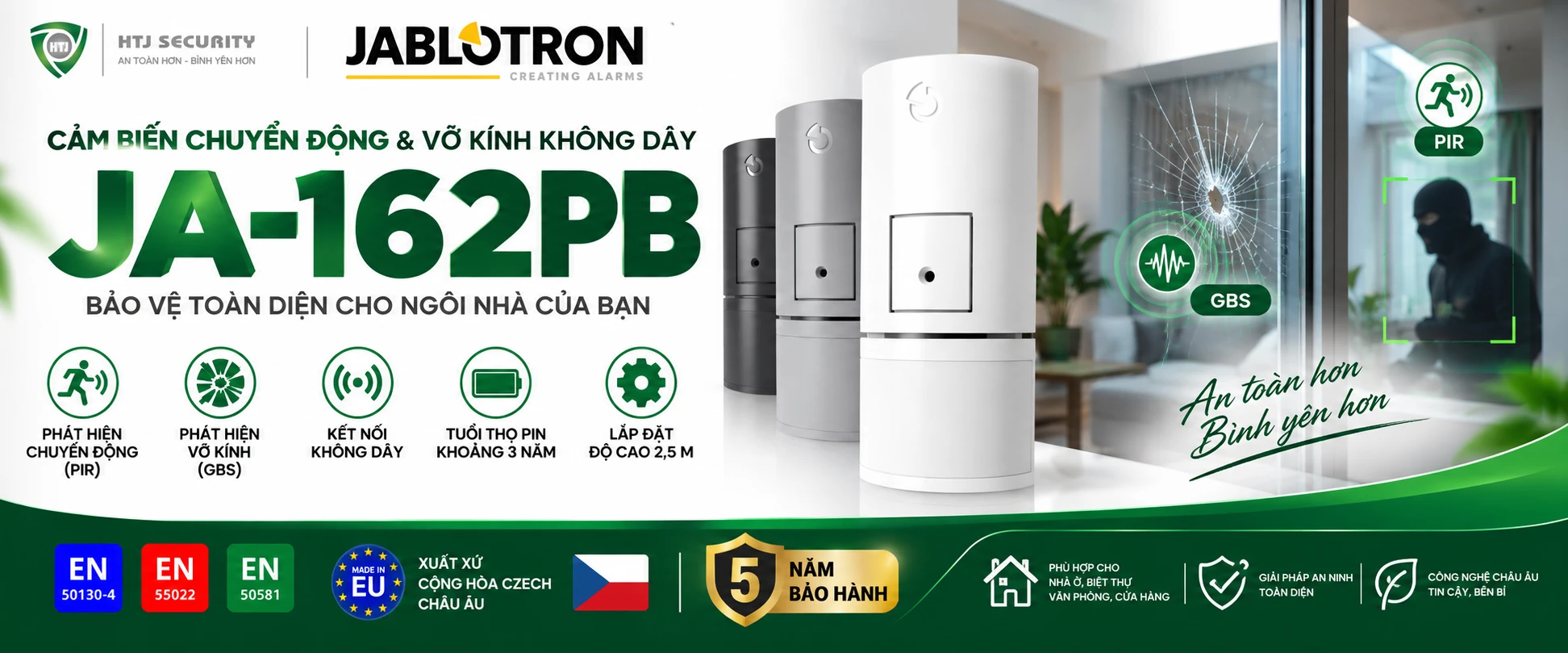 Cảm biến vỡ kính không dây Jablotron JA-162PB – Cảnh báo vỡ kính và chuyển động