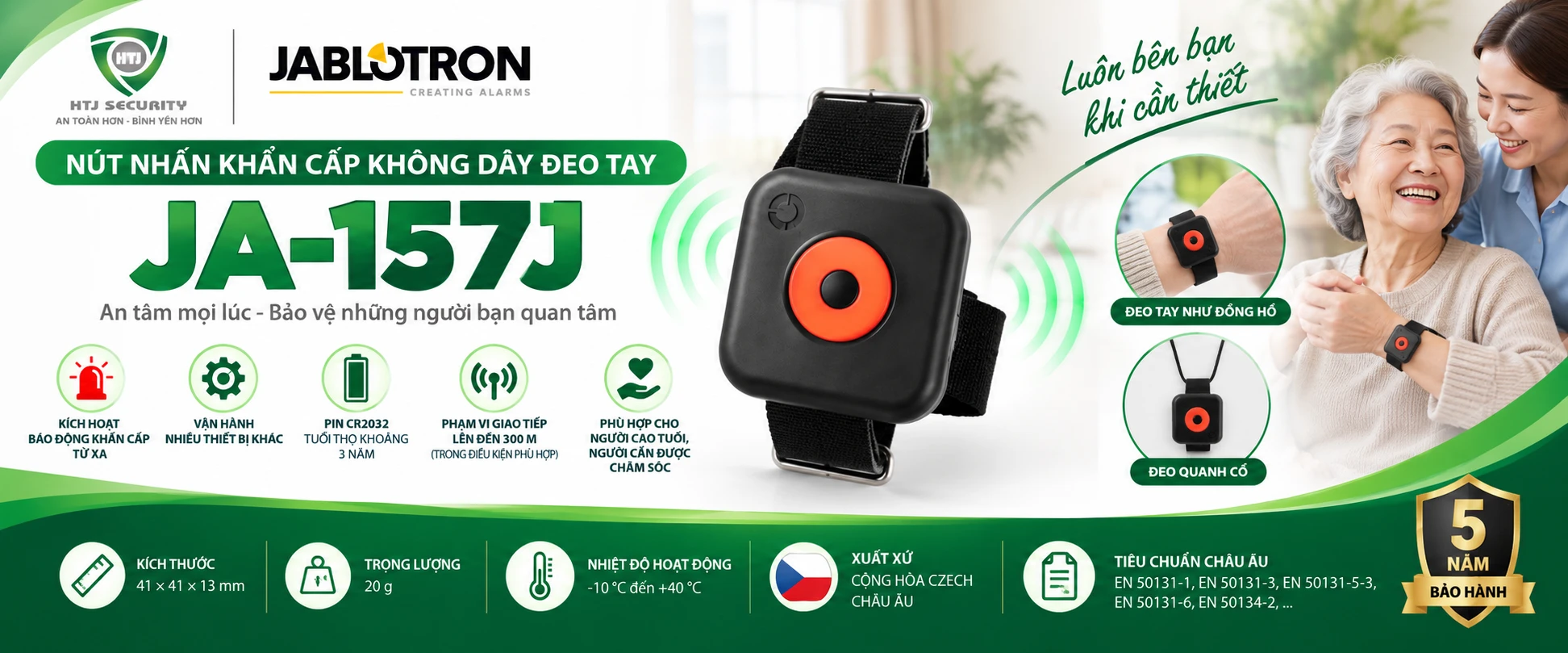 Nút nhấn khẩn cấp không dây đeo tay Jablotron JA-157J