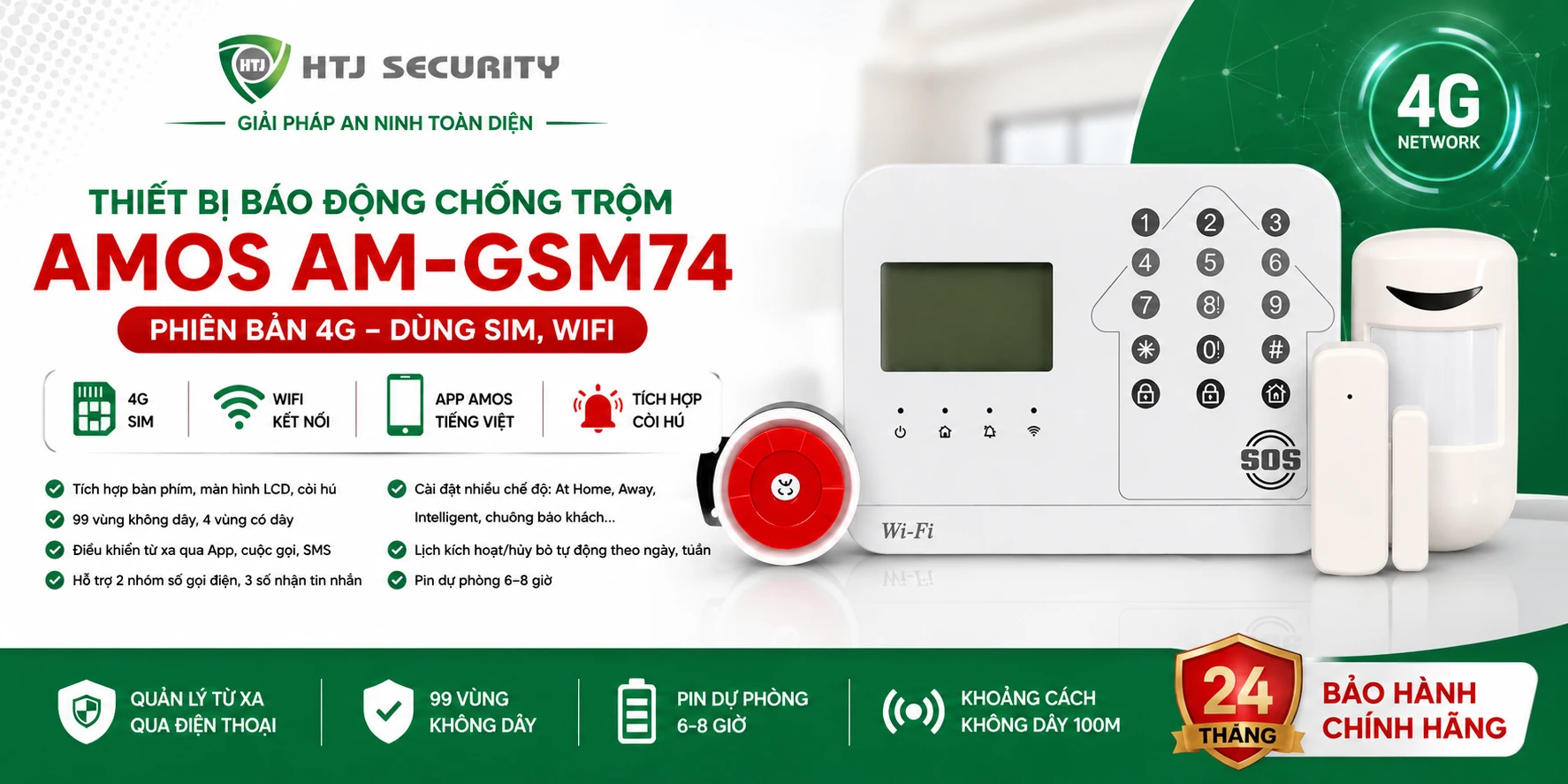 Thiết bị báo động chống trộm AMOS AM-GSM74 – Dùng SIM 4G + WiFi