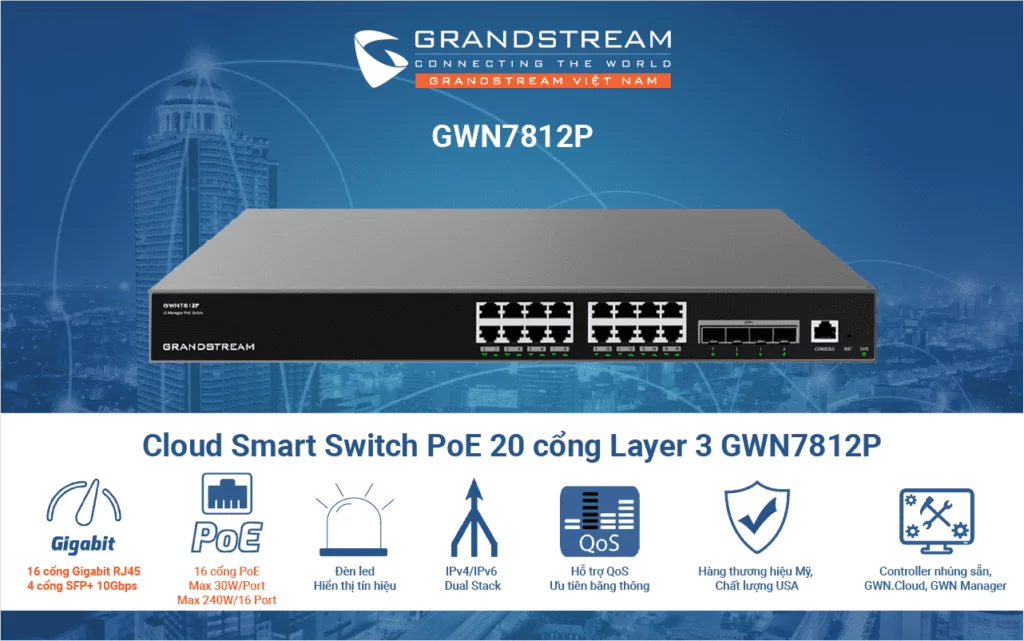 Cloud smart Switch PoE Layer-3 20 cổng GWN7812P