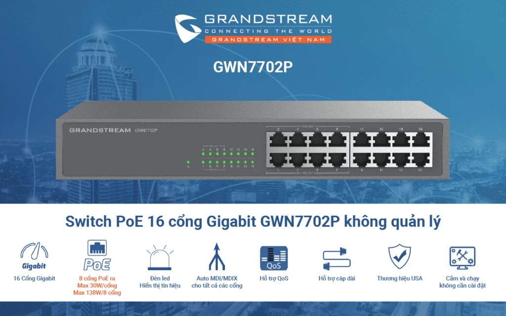  Smart Switch PoE 16 cổng Grandstream GWN7702P