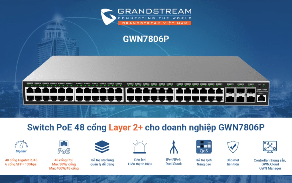 Switch PoE 48 cổng Layer 2+ GWN7806P