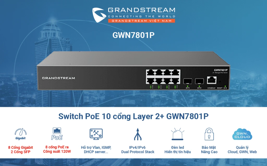 Switch PoE 10 cổng Layer 2+ GWN7801P