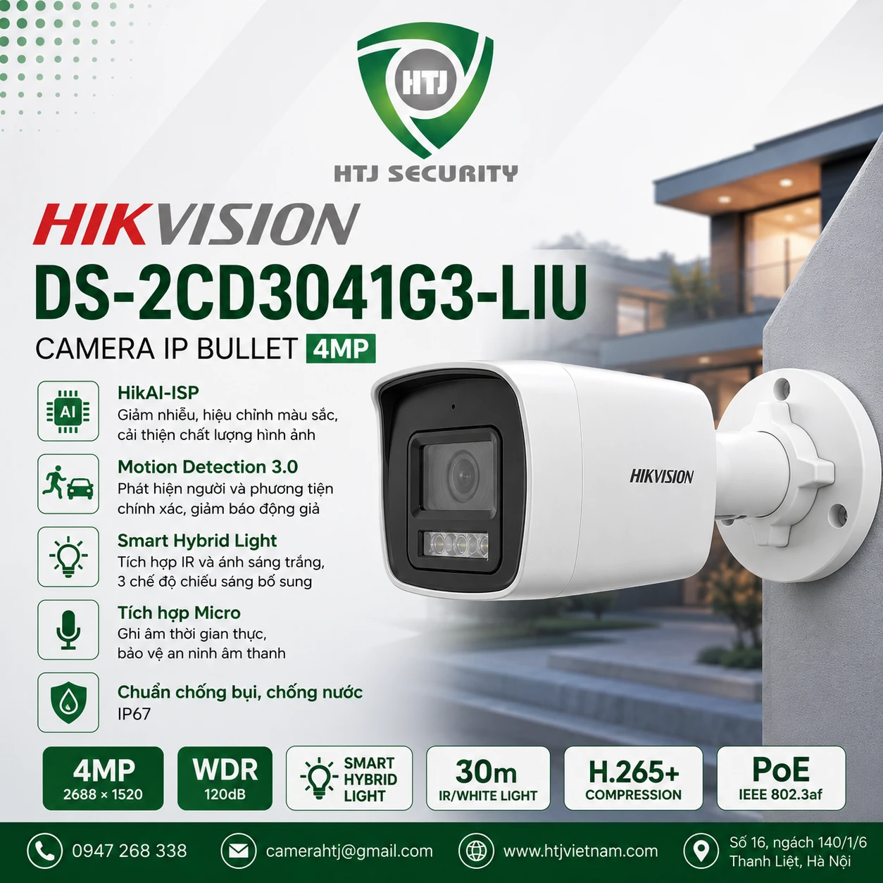 Camera IP Bullet 4MP Hikvision DS-2CD3041G3-LIU
