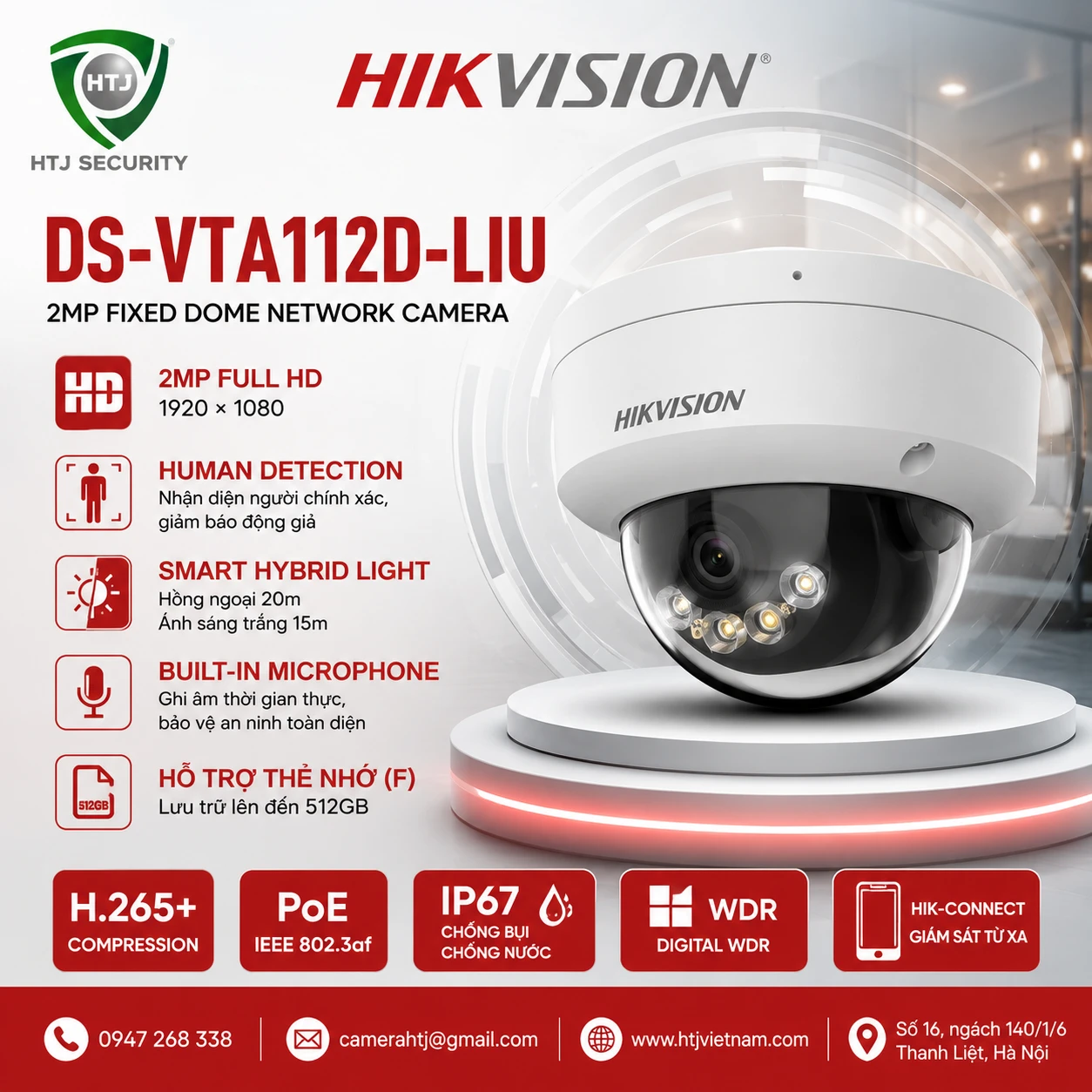 Camera IP Dome 2MP Hikvision DS-VTA112D-LIU