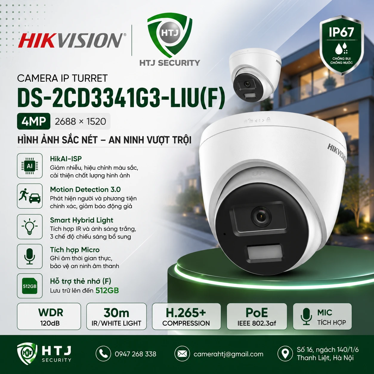 Camera IP Turret 4MP Hikvision DS-2CD3341G3-LIU(F)