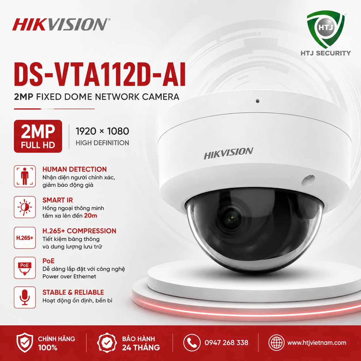Camera IP Dome 2MP Hikvision DS-VTA112D-AI