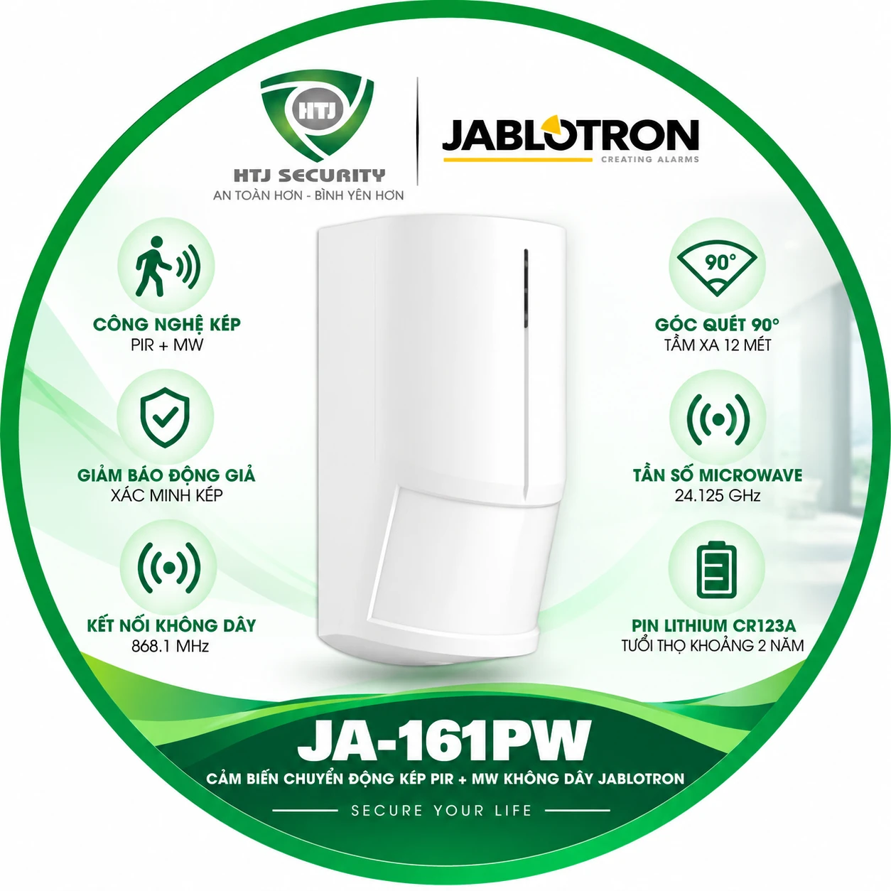 Cảm biến chuyển động kép Jablotron JA-161PW – Công nghệ PIR + MW không dây